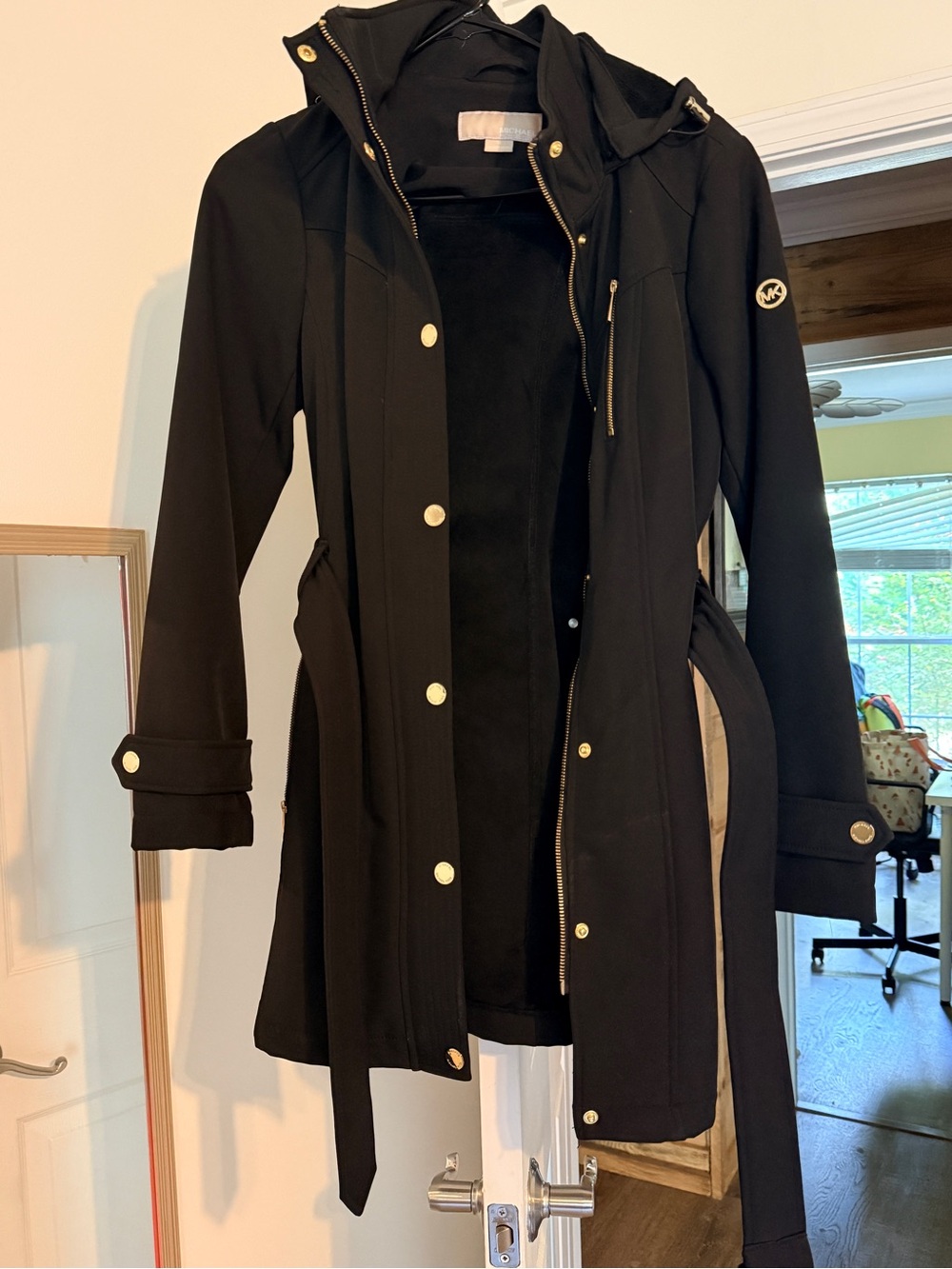 Michael Kors Black Hooded Trench with Gold-Tone Accents